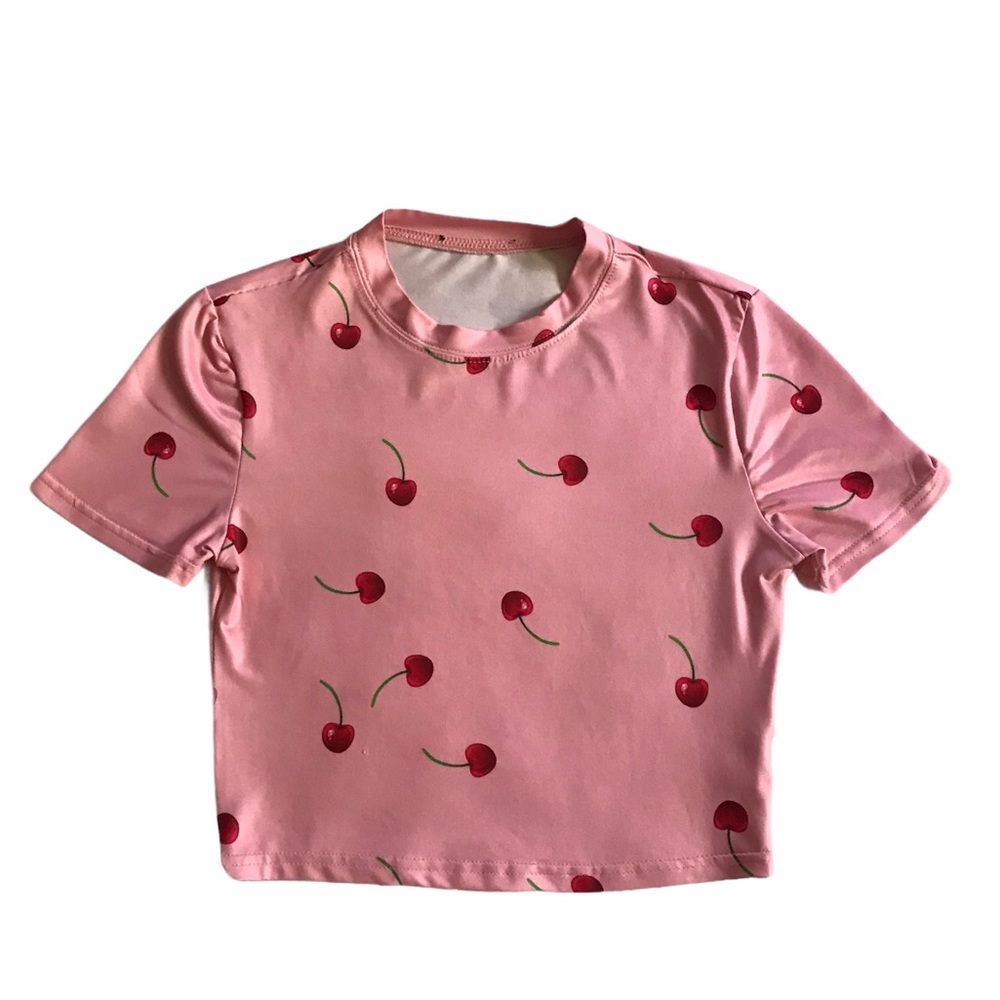 Pink Cherry Crew Neck Crop Top